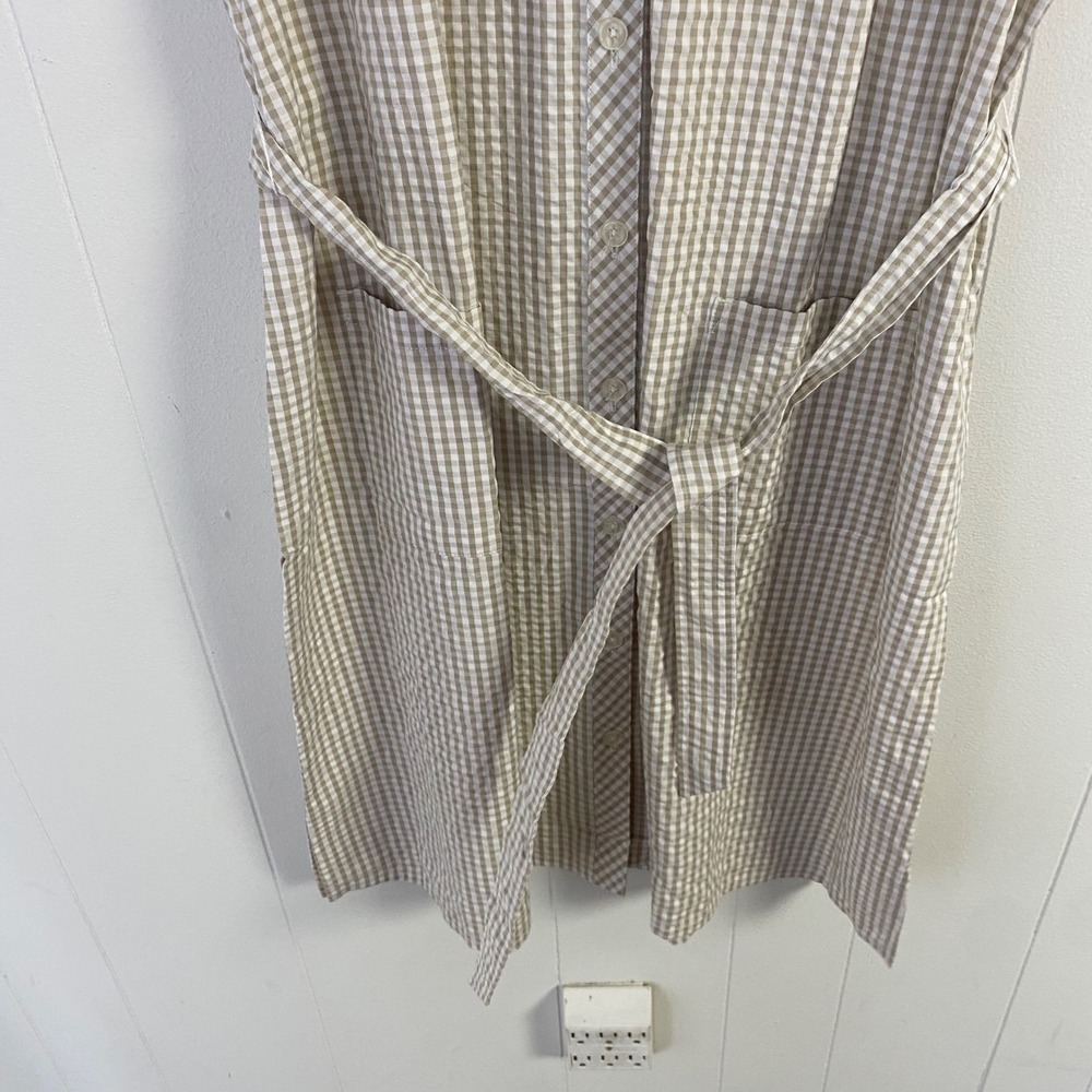 Denim & Co Womens XL Gingham Shirt Dress Tan White Cotton Short Sleeve Belted - Picture 8 of 8